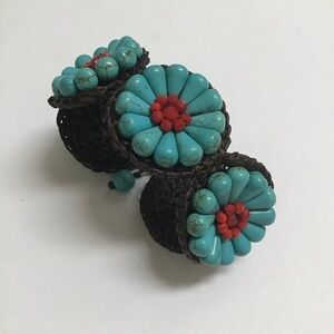 Turquoise Look Macrame Daisy Bracelet Artisan Handmade Flowers Boho Beads NEW